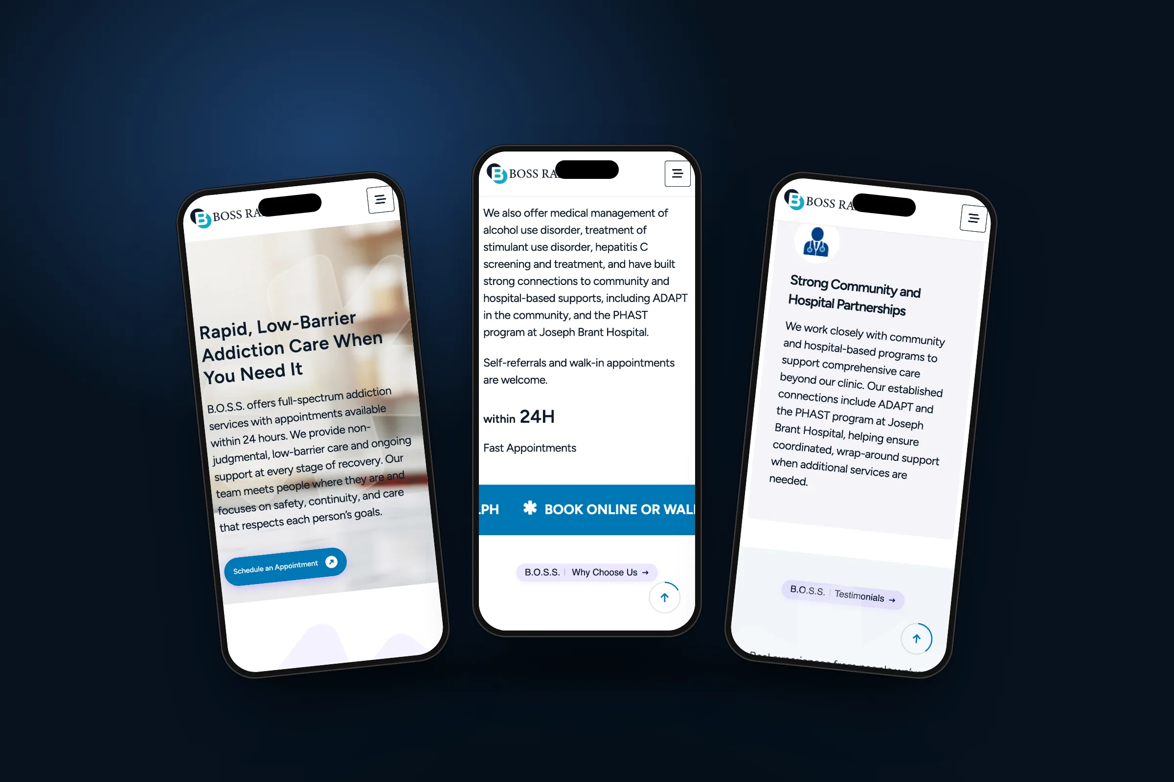 The B.O.S.S. Medical Clinic website on three phones