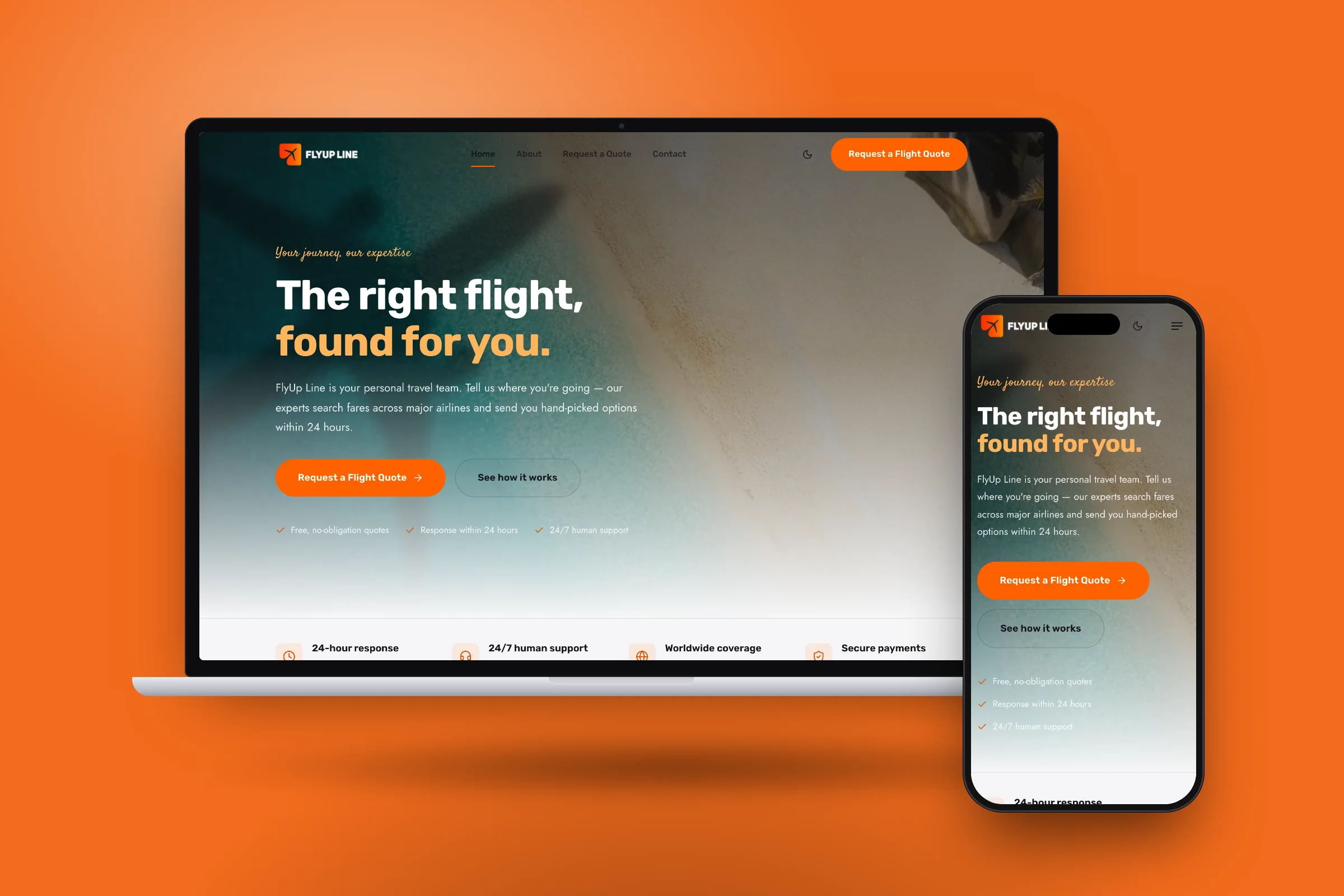 The FlyUp Line website on a laptop and phone