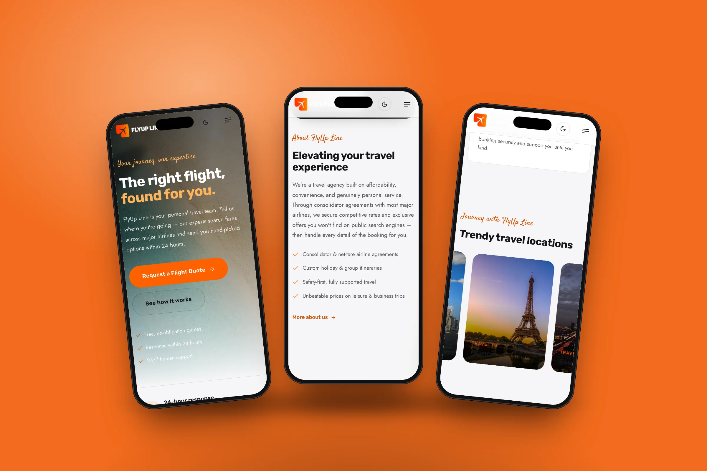 The FlyUp Line website on three phones