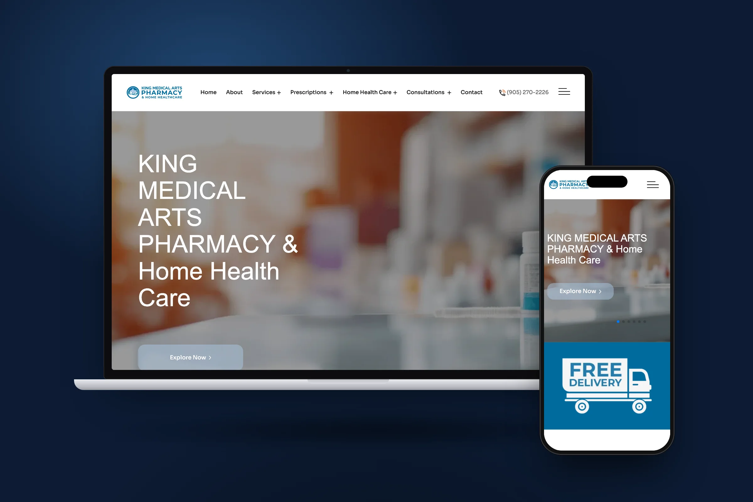 The King Medical Arts Pharmacy website on a laptop and phone