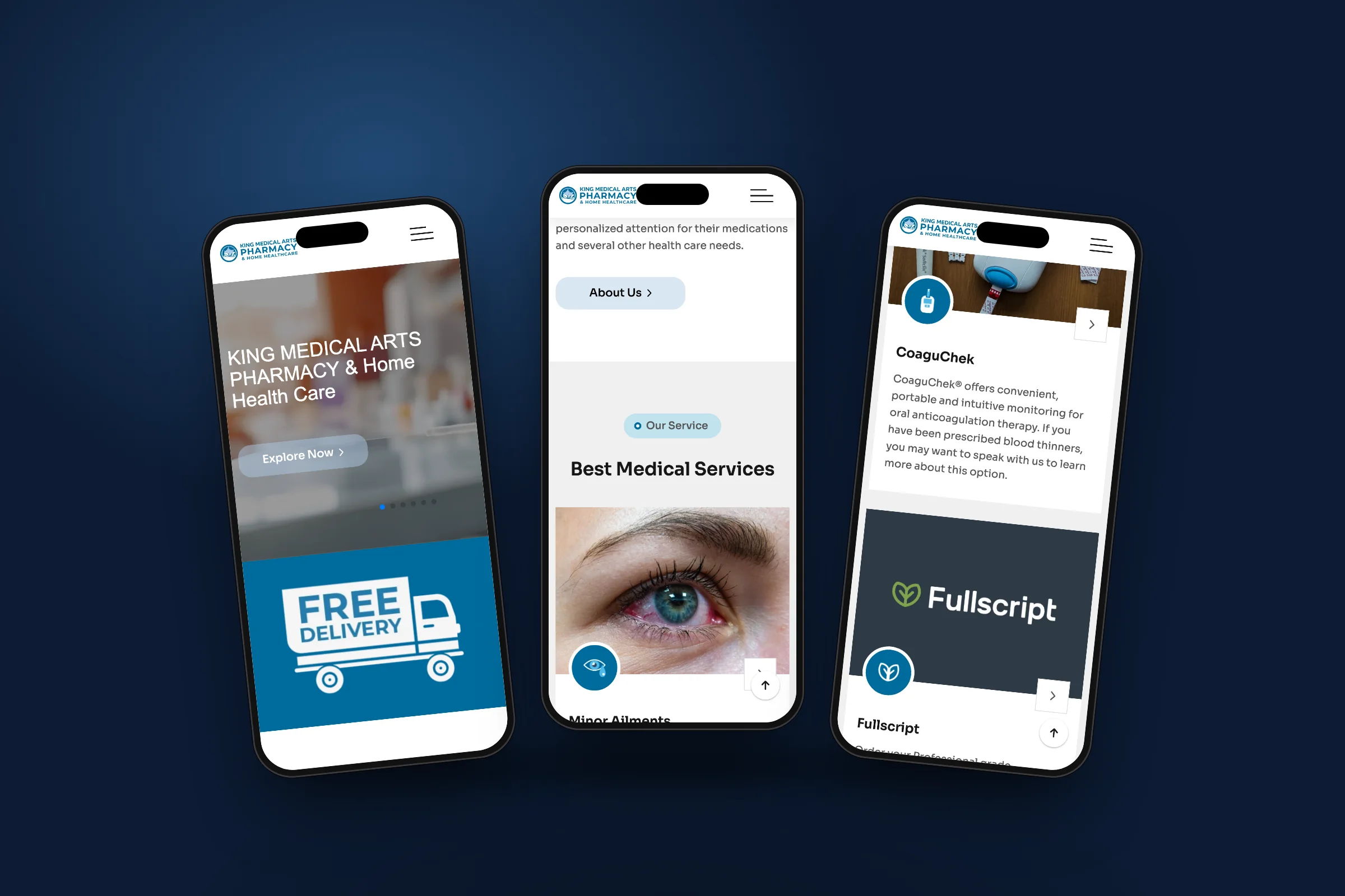 The King Medical Arts Pharmacy website on three phones