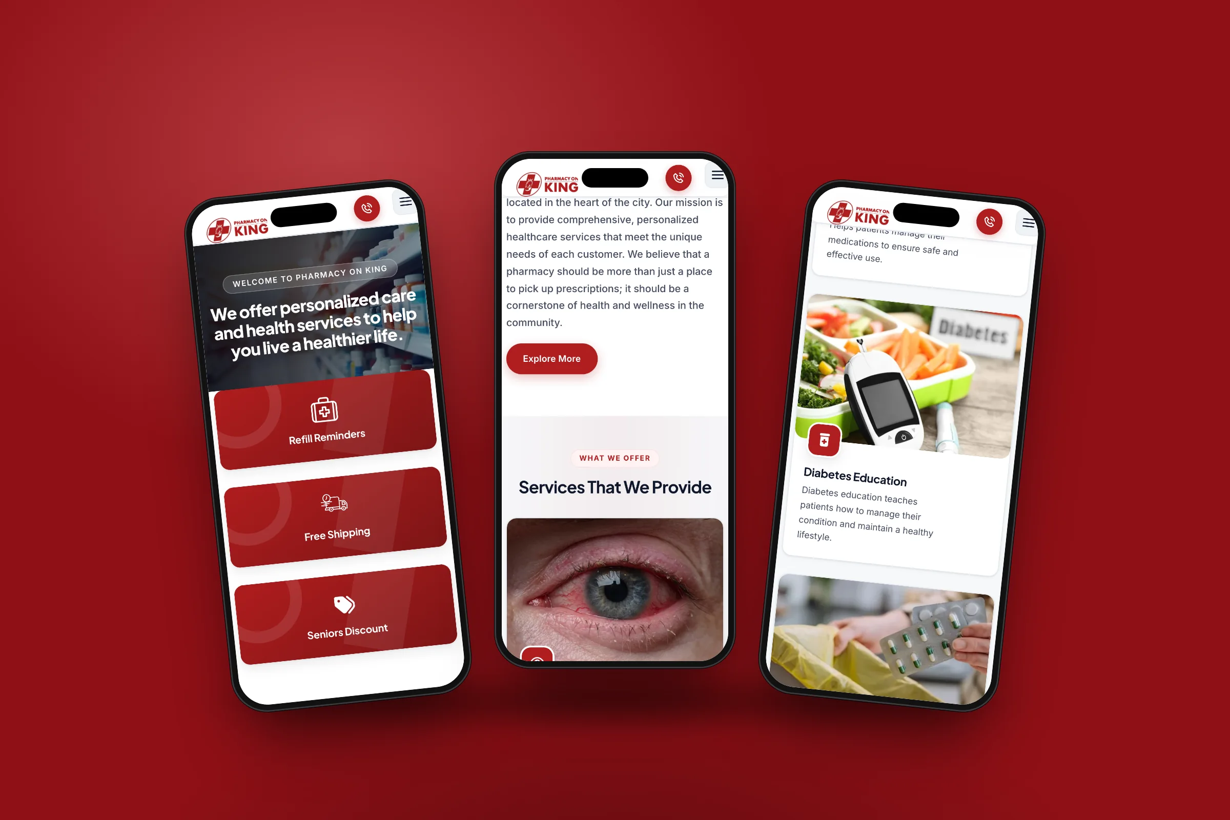 The Pharmacy On King website on three phones