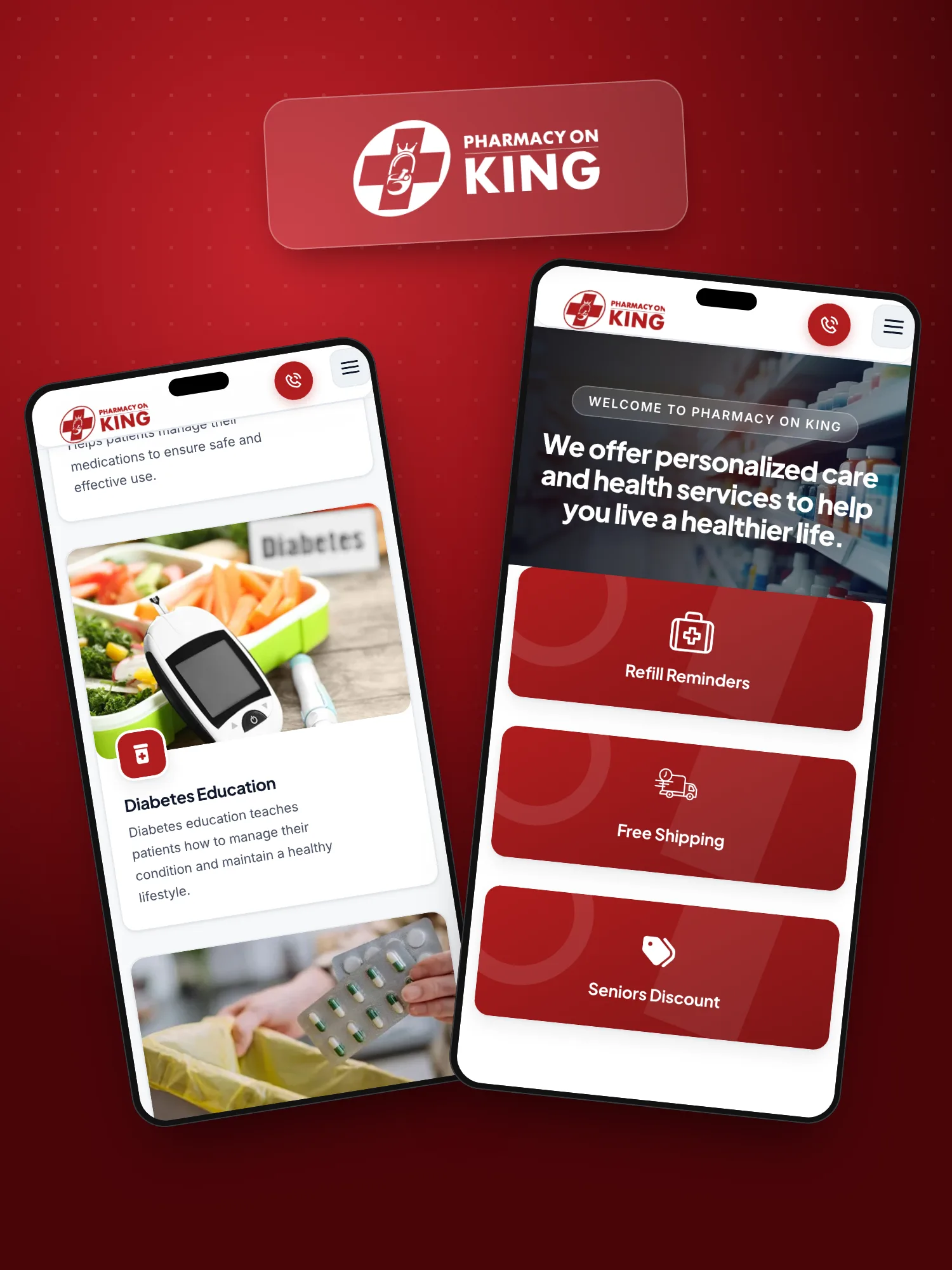 The Pharmacy On King website on two phones