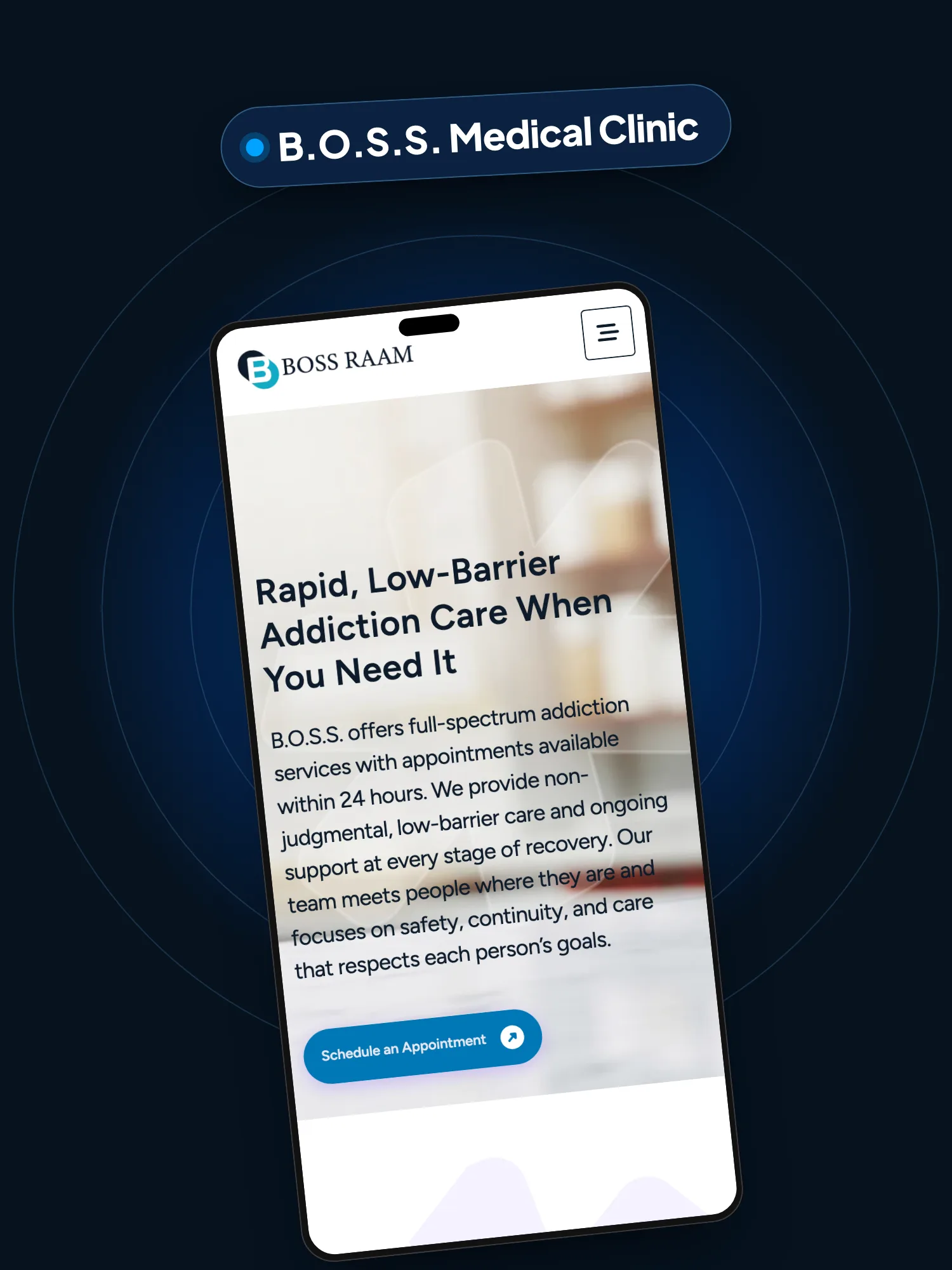 The B.O.S.S. Medical Clinic website on a phone