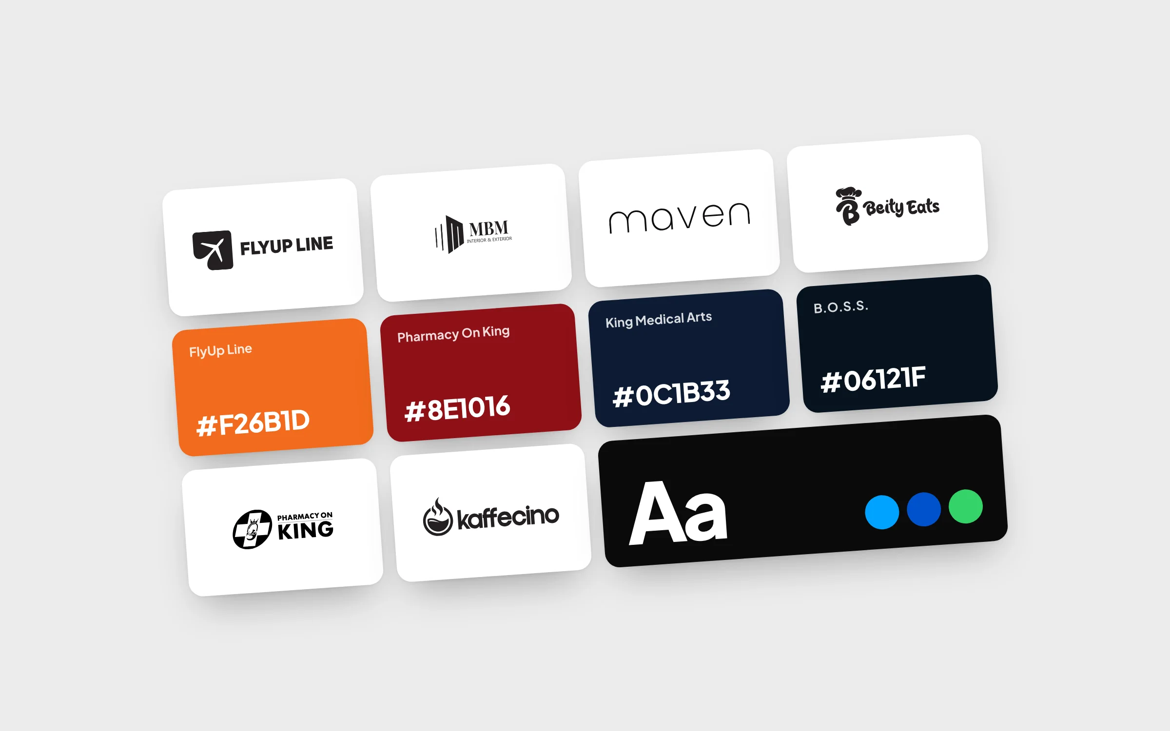 Brand board of real Graphxify client logos and their brand colours
