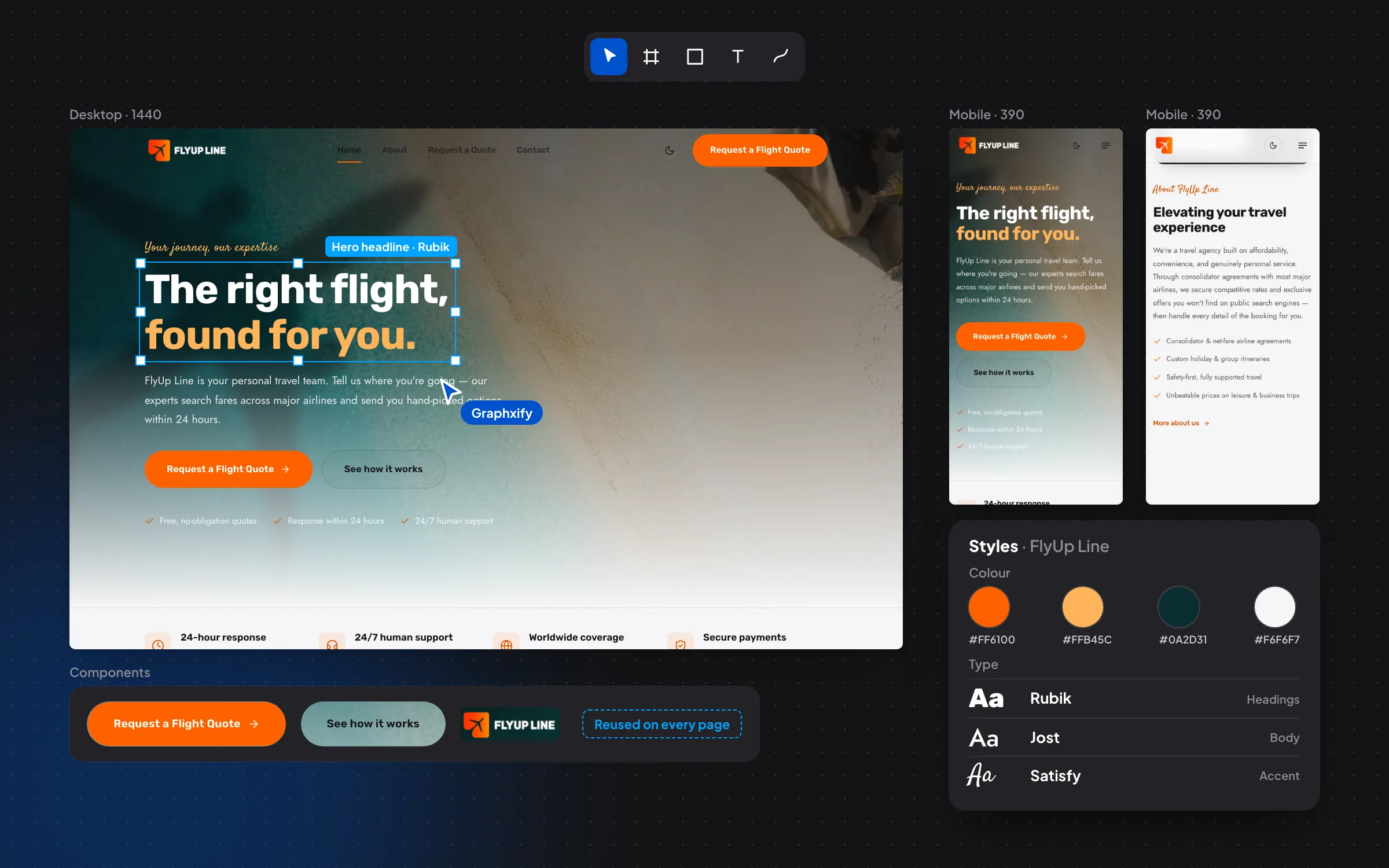 The FlyUp Line homepage on a design canvas with its desktop and mobile artboards, colour and type styles, and reusable components