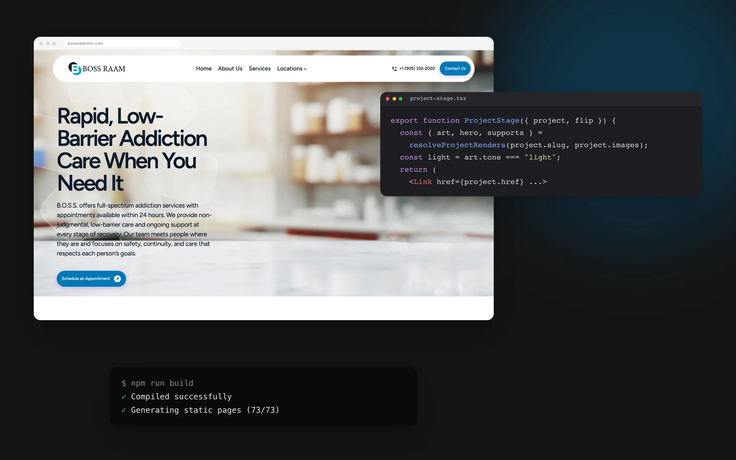 The B.O.S.S. website with source code and a successful build in front of it
