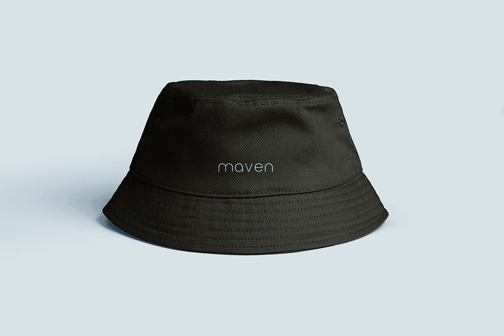 A black bucket hat with the Maven logo