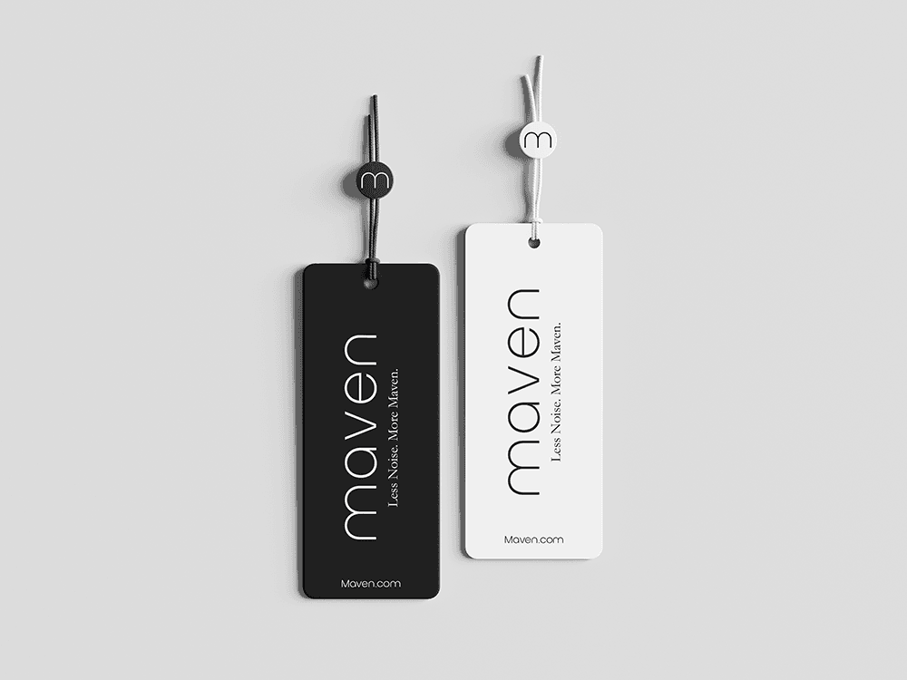 Black and white Maven clothing tags