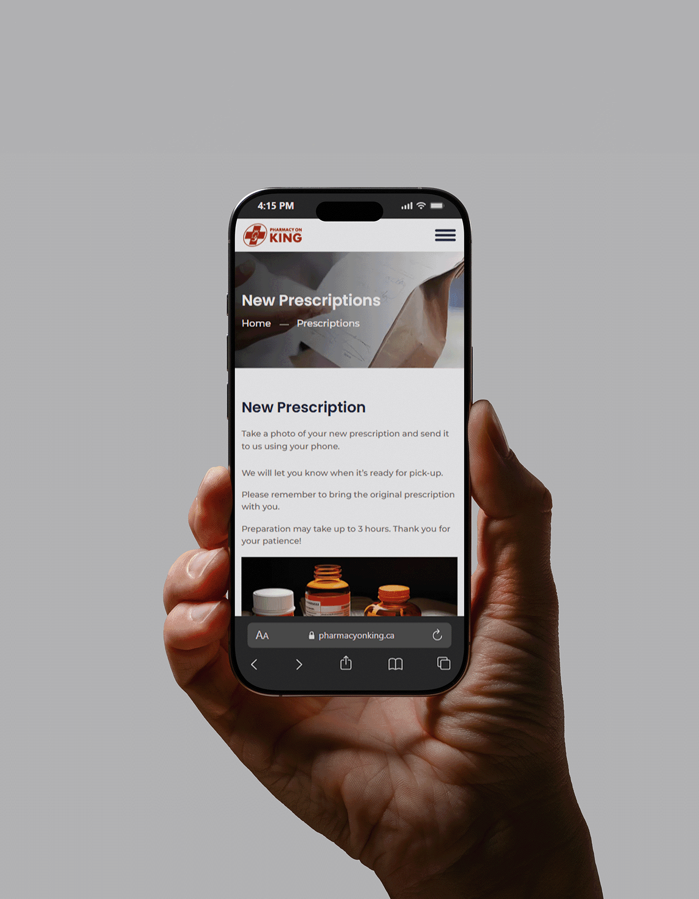 The Pharmacy On King prescriptions page on a phone