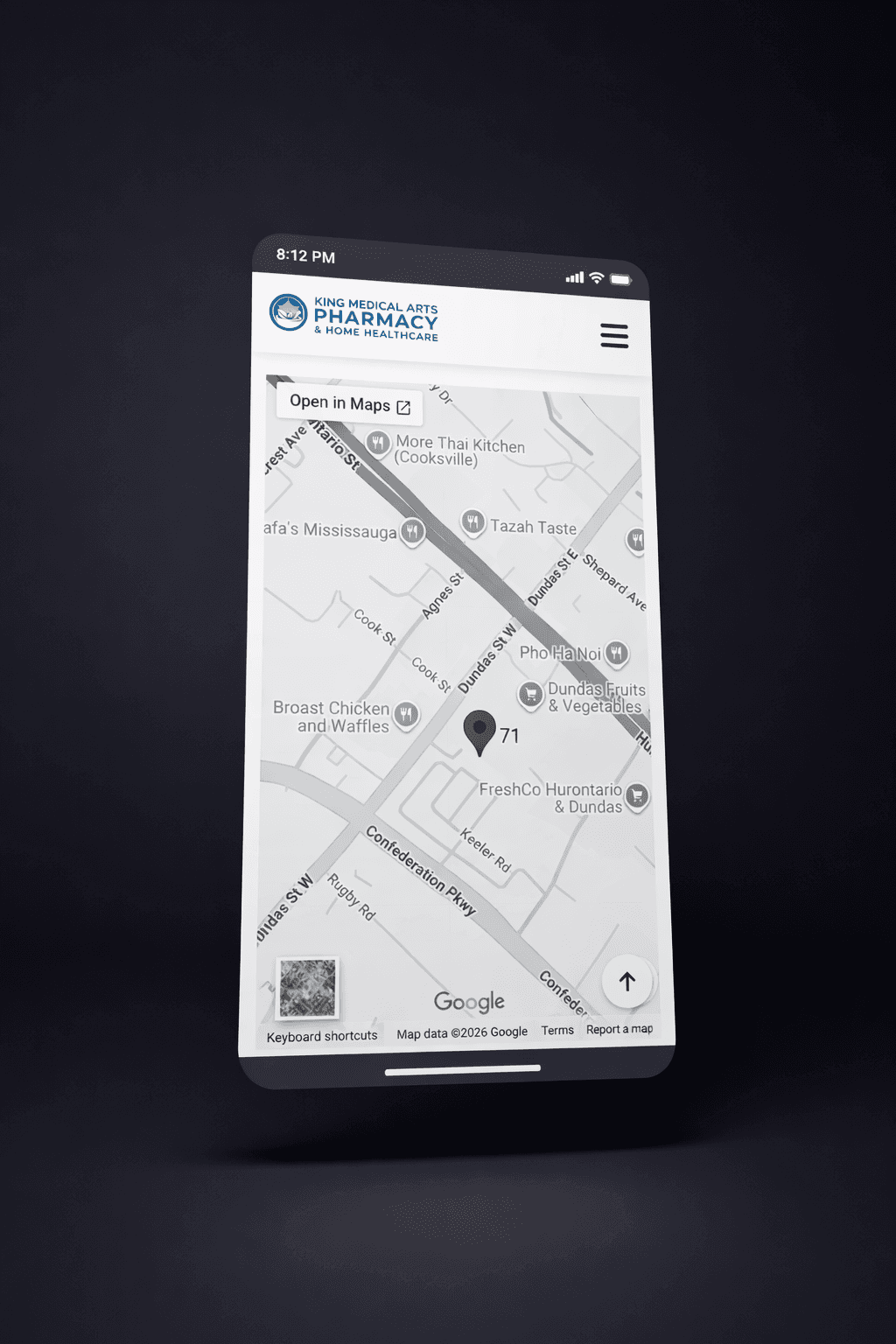 The King Medical Arts Pharmacy location map on a phone